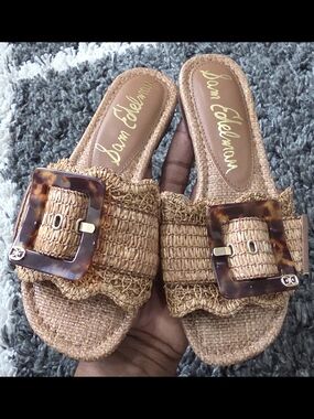 Sam Edelman Tan Raffia Slide Sandals with Tortoiseshell Buckle Size 5.5M